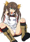  bare_shoulders blush boots bow bow_panties brown_hair comord condom condom_in_mouth cross-laced_footwear fang green_eyes highres huang_lingyin infinite_stratos mouth_hold panties pantyshot pantyshot_(sitting) sitting solo twintails underwear uniform white_panties 