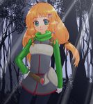 bad_id bad_pixiv_id belt blonde_hair elf facial_mark forest gloves green_eyes green_shirt hair_ornament hairclip hand_on_hip light_rays long_hair nature original pointy_ears ribbed_sweater shirt solo sunbeam sunlight sweater tree yuusuke_(1220622) 