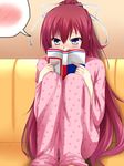  1girl bad_id bad_pixiv_id blue_eyes blush covering_mouth hair_ribbon kusakabe_misuzu long_hair pajamas red_hair ribbon sitting solo spoken_blush very_long_hair yappen 