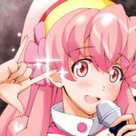  \m/ aida_orine akb0048 blush heart long_hair microphone open_mouth pink_eyes pink_hair solo wamwam 