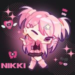  1girl bead_bracelet beads black_background black_shoes black_skirt black_vest blush_stickers bracelet brown_eyes buttons candy character_name chibi collared_shirt ear_piercing elbow_gloves finger_gun fingerless_gloves food frilled_shirt frilled_vest frills gloves gyaru hair_ornament hair_scrunchie hairclip halftone happy haroi head_tilt heart heart_button heart_hair_ornament infinity_nikki jewelry leg_warmers long_hair looking_at_viewer miniskirt multicolored_hair necktie nikki_(nikki) nikki_(series) one_eye_closed open_mouth piercing pink_gloves pink_hair pink_leg_warmers pink_necktie pink_scrunchie pink_shirt plaid_clothes plaid_skirt pleated_skirt puffy_short_sleeves puffy_sleeves rainbow_hair ribbon ribbon_earrings rosie_sweetheart_(infinity_nikki) scrunchie shirt shoes short_sleeves skirt smile solo sparkle split-color_hair star_(symbol) star_hair_ornament tamagotchi_(virtual_pet) two_side_up very_long_hair vest virtual_pet_(toy) x_hair_ornament y2k_fashion yellow_ribbon 