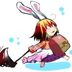  1girl animal_ears axe barefoot blonde_hair blood blood_on_weapon brown_bag brown_jacket commentary_request full_body holding holding_axe jacket long_sleeves merchant_(ragnarok_online) o_o open_mouth orange_liqueur purple_skirt rabbit_ears ragnarok_online short_hair simple_background skirt smile solo walking weapon white_background 