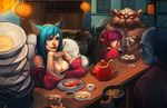  :q ahri animal_ears annie_hastur bamboo_steamer baozi bare_shoulders breasts food large_breasts league_of_legends lips long_hair meng_tian_zhang monster multiple_girls multiple_tails tail tibbers tongue tongue_out 