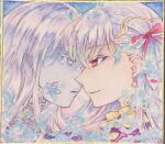  2girls blue_eyes blue_skin bow colored_skin commentary_request earrings fate/grand_order fate_(series) hair_bow jewelry kali_(fate) kama_(adult)_(fate) kama_(fate) lo_lis multiple_girls painting_(medium) pink_bow red_eyes smile traditional_media watercolor_(medium) white_hair 