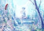  aki_(aporo_body) aqua arm_support bad_id bad_pixiv_id barefoot blue bucket cloud food grass looking_away muted_color open_mouth original popsicle profile road_sign short_hair short_ponytail sign sitting sky soaking_feet solo stream tree water 
