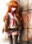  alternate_legwear brown_hair graffiti heart legs long_hair makise_kurisu md5_mismatch miniskirt necktie red_neckwear skirt solo steins;gate tabix0819 text_focus thighhighs wall 