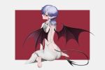  1girl absurdres ass back back_cutout backless_dress backless_outfit barefoot bat_wings black_panties blue_hair blush border clothing_cutout commentary demon_tail dress earrings highres jewelry koha_2652 long_pointy_ears looking_at_viewer looking_back median_furrow medium_hair panties panties_visible_through_clothes pointy_ears red_background red_eyes remilia_scarlet sideways_glance simple_background sitting soles solo tail toes touhou underwear wariza white_border white_dress wings 