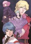  1980s_fashion 2boys 2girls absurdres aeug aqua_hair belt blonde_hair blue_eyes blue_hair char_aznable four_murasame gundam haman_karn highres kamille_bidan kitazume_hiroyuki looking_at_viewer military_uniform mullet multiple_boys multiple_girls nebula neo_zeon official_art pink_hair quattro_bajeena removing_eyewear science_fiction space star_(sky) titans_(gundam) traditional_media turtleneck wristband zeta_gundam 