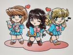  3girls black_hair black_socks blue_hairband blue_serafuku blue_shirt blue_skirt bob_cut bow brown_hair brown_shoes chibi chibi_only clipboard commentary eighth_note full_body green_eyes hairband hand_up heart highres holding holding_clipboard holding_letter holding_microphone kira_kira_melody_gakuen kokomahi letter loafers long_hair looking_at_viewer mary_janes microphone multiple_girls musical_note official_art open_mouth orange_eyes parted_lips pink_bow pleated_skirt sailor_collar school_uniform serafuku shirt shoes short_hair skirt smile socks standing star_(symbol) traditional_media w white_background white_sailor_collar white_socks 