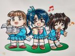  3girls beamed_eighth_notes black_hair blue_hair blue_ribbon blue_serafuku blue_shirt blue_skirt book bow brown_eyes brown_hair brown_shoes chibi chibi_only commentary eighth_note fat full_body hair_ribbon highres holding holding_book holding_letter holding_microphone kira_kira_melody_gakuen kokomahi letter lips loafers long_hair looking_at_viewer low_twintails mary_janes microphone multiple_girls musical_note official_art one_eye_closed open_mouth pink_bow pinky_out pleated_skirt ponytail ribbon sailor_collar school_uniform serafuku shirt shoes short_hair short_ponytail short_twintails side_ponytail skirt smile socks standing traditional_media twintails white_background white_sailor_collar white_socks 