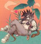 3_heads anthro band-aid bandage belly big_breasts bikini bikini_top breasts canid canid_demon canine canis cerberus cigarette cigarette_in_mouth clothing darle_(puppkittyfan1) demon european_mythology eyewear facial_piercing female glasses greek_mythology group hellhound hi_res jacket luca_(puppkittyfan1) mammal multi_head mythological_canine mythological_creature mythology nose_piercing object_in_mouth orange_background piercing red_eyes reptile scalie scar septum_piercing simple_background sitting sitting_on_ground snake swimwear thick_thighs thorn_(puppkittyfan1) topwear trio two-piece_swimsuit wolf wolfertinger