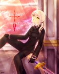  ahoge aoi_banri artoria_pendragon_(all) bad_id bad_pixiv_id blonde_hair character_name command_spell copyright_name excalibur fate/zero fate_(series) formal gloves green_eyes highres necktie pant_suit ponytail saber solo suit sword weapon 