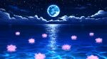  cloud commentary_request flower full_moon highres horizon mitsukasa moon night night_sky no_humans ocean original outdoors pink_flower scenery sky star_(sky) starry_sky water water_lily_flower 