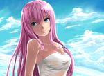  bare_shoulders blue_eyes cloud cropped day emcconerock428 highres long_hair megurine_luka pink_hair sky solo towel very_long_hair vocaloid wet 