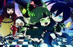  :d black_gold_saw black_hair black_rock_shooter black_rock_shooter_(character) blue_eyes blush chariot_(black_rock_shooter) chibi dead_master food glomp glowing glowing_eyes goggles green_eyes hug kl long_hair macaron mouth_hold multiple_girls open_mouth short_hair smile strength_(black_rock_shooter) yuri 