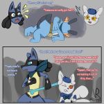 amphibian anthro belle_(vanilla_road) bone bow_ribbon canid canine comic family_guy_death_pose fanny_pack felid feline female finn_(vanilla_road) generation_3_pokemon generation_4_pokemon generation_6_pokemon group hi_res jesse_(vanilla_road) lucario male male/female mammal meme meowstic mostly_nude nintendo pokemon pokemon_(species) pokemon_mystery_dungeon scarf scarf_only simple_background spike_chunsoft surrounded swampert text trio vanilla_road