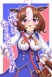 1girl @_@ ahoge animal_ears between_breasts breasts brown_hair double-parted_bangs ear_ornament ear_ribbon hair_between_eyes hairband highres horse_ears horse_girl horse_tail long_hair long_sleeves looking_at_viewer meisho_doto_(umamusume) multicolored_hair open_mouth orange_hair pink_hairband purple_eyes shirt short_hair skirt smile solo strap_between_breasts t.m._opera_o_(umamusume) tail two-tone_hair umamusume umamusume:_road_to_the_top yashimo_1875 
