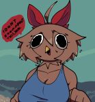  2023 anthro avian beach beak bird black_text blue_clothing blue_topwear brown_body brown_hair chicken clothing female female_anthro galliform gallus_(genus) hair outside petra_(xarop77) phasianid seaside solo speech_bubble text topwear xarop77 