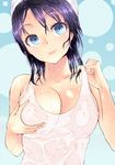  amasora_taichi blue_eyes breast_hold breasts large_breasts one-piece_swimsuit original purple_hair school_swimsuit smile solo swim_cap swimsuit wet 