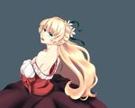  1girl back bare_shoulders blonde_hair claire_bennett dress flower green_eyes grey_background long_hair open_mouth ribbon tales_of_(series) tales_of_rebirth 