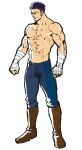  1boy abs b_suke bandaged_arm bandages blue_pants boots brown_boots clenched_hands closed_eyes commentary_request denim fate/grand_order fate_(series) fergus_mac_roich_(fate) full_body highres hokuto_no_ken jeans knee_boots male_focus muscular muscular_male pants parody pectorals scar scar_on_cheek scar_on_face solo topless_male undercut 