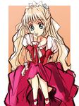  1girl blonde_hair blue_eyes brown_background claire_bennett dress flower long_hair maromi_(am97) ribbon shoes tales_of_(series) tales_of_rebirth 