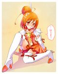  3: bike_shorts boots bow bowtie brooch choker cure_sunny frown full_body hair_bun hino_akane_(smile_precure!) jewelry magical_girl minimaru orange_background orange_choker orange_hair orange_neckwear orange_skirt precure red_eyes red_shorts short_hair shorts shorts_under_skirt signature sitting skirt smile_precure! solo sweat thigh_boots thighhighs translated white_legwear 
