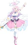  1girl alternate_costume arm_strap arm_up blue_archive breasts cleavage daran9 dress full_body halo highres holding holding_staff large_breasts long_hair looking_at_viewer low_wings magical_girl mika_(blue_archive) open_mouth pink_dress pink_hair pink_shoes shoes simple_background smile solo staff standing thighhighs very_long_hair white_background white_thighhighs white_wings wings yellow_eyes 