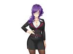  1girl artist_request belt black_lilith breasts business_suit character_request formal game_cg glasses hand_on_hip hips huge_breasts lipstick long_hair makeup nail_polish nobushito_kuro purple_hair red_eyes smile solo suit 