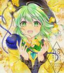  1girl alto2019 autumn_leaves black_hat buttons diamond_button eyeball falling_leaves frilled_shirt_collar frilled_sleeves frills green_eyes green_hair hat hat_ribbon heart heart_of_string highres komeiji_koishi leaf ribbon shirt smile third_eye touhou wide_sleeves yellow_leaves yellow_ribbon yellow_shirt 