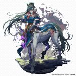  1girl absurdres animal_ears arrow_(projectile) artist_request aura blue_dress bow_(weapon) breasts brown_gloves centaur closed_mouth copyright_notice dark_aura dark_persona dress english_commentary fingerless_gloves fire_emblem fire_emblem:_the_blazing_blade fire_emblem_shadows frown full_body fur_trim gloves grass green_fur green_hair hair_between_eyes hairband high_ponytail highres holding holding_arrow holding_bow_(weapon) holding_weapon hooves horse_ears horse_tail long_hair looking_at_viewer lyn_(fire_emblem) lyn_(plains_wind)_(fire_emblem) medium_breasts monster_girl monsterification multiple_legs official_art pelvic_curtain ponytail purple_eyes quiver red_hairband rope_belt shadow short_sleeves sidelocks solo standing standing_on_three_legs tachi-e tail tassel taur torn_flag very_long_hair weapon 