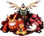  darmanitan grin krookodile middle_finger no_humans pokemon scrafty sigilyph smile wings 