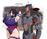  ... 1boy 1girl armor armpits black_hair breasts english_text fellatio_gesture highres horndogo36 large_breasts leotard long_hair marvel marvel_rivals psylocke psylocke_(vengeance) purple_leotard red_sash robot sash speech_bubble ultron waist_sash 
