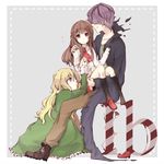  2girls ascot bad_id bad_pixiv_id blonde_hair blue_eyes brown_hair carrying copyright_name garry_(ib) ib ib_(ib) long_hair mary_(ib) multiple_girls purple_hair red_eyes shoes short_hair single_shoe smile tamura_(sntmr) 