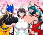  3girls :d absurdres alternate_breast_size_(larger) aqua_hair arms_up bare_shoulders beelstarmon belt bikini black_belt black_coat black_hair black_pants black_vest blonde_hair blue_mask braid breasts cape cleavage closed_mouth coat commentary_request covered_navel cowboy_shot cropped_vest digimon digimon_(creature) digimon_story:_time_stranger digimon_xros_wars dress elbow_gloves eye_mask garrison_cap gloves goggles goggles_on_head green_dress green_hat groin group_picture hair_between_eyes hair_over_one_eye hand_on_own_hip hands_on_own_hips hat heart helmet highres hitokiwa_kenchin huge_breasts leather leather_pants long_hair looking_at_viewer mask mervamon microdress multiple_girls navel o-ring o-ring_top open_clothes open_coat open_mouth pants purple_eyes red_cape red_ribbon red_scarf ribbon scarf short_hair shoulder_pads shoulder_spikes shoutmon sidelocks sleeveless sleeveless_dress smile spikes standing starmon_(digimon_xros_wars) stomach sunglasses swimsuit teeth third_eye tight_clothes tight_pants twin_braids two-tone_dress underboob upper_teeth_only vest waist_cape white_bikini white_dress white_gloves winged_helmet yellow_eyes yuuki_kanan zipper 