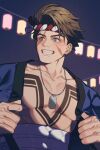  1boy abs absurdres alternate_costume arms_up bare_pectorals blue_eyes blue_kimono brown_hair chest_tattoo collarbone commentary_request dog_tags festival forked_eyebrows grin highres japanese_clothes kimono lantern looking_to_the_side luke_sullivan male_focus nejiri_hachimaki nteeth open_clothes open_kimono paper_lantern pectorals prat_rat sarashi scar scar_across_eye scar_on_cheek scar_on_face short_hair smile solo street_fighter street_fighter_6 tattoo upper_body 