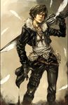  dissidia_final_fantasy feathers final_fantasy final_fantasy_viii fur_trim gloves gunblade jacket jewelry left-handed longai necklace squall_leonhart weapon 