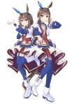  2girls absurdres admire_vega_(umamusume) admire_vega_(umamusume)_(cosplay) animal_ears blue_choker blue_thighhighs blush boots breasts brown_hair choker corset cosplay cropped_jacket ear_covers full_body garter_straps green_eyes grin hair_between_eyes highres horse_ears horse_girl horse_tail jacket long_hair long_sleeves looking_at_viewer low_ponytail mia_umauma midriff multiple_girls navel official_alternate_costume open_clothes open_jacket open_mouth overskirt pendant_choker ponytail purple_eyes real_life red_corset red_shorts sasaki_hitomi shirt shorts siblings simple_background single_ear_cover skirt smile starting_future_(umamusume) tail teeth thighhighs umamusume umamusume:_road_to_the_top voice_actor white_background white_boots white_jacket 