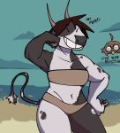  2023 anthro avian beach bird bovid bovine cattle chicken clothing cutaway digital_drawing_(artwork) digital_media_(artwork) duo english_text expression_cutaway eyes_closed female female/female flexing flexing_bicep galliform gallus_(genus) macbeth_(xarop77) mammal multicolored_body navel outside petra_(xarop77) phasianid pose sky smile swimwear tail text two-piece_swimsuit xarop77 