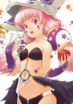  apple between_fingers bone dream_catcher earrings food fruit hair_tubes hat heart heart_earrings holding jewelry kanini long_hair looking_at_viewer navel original pink_hair red_eyes solo twintails 