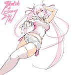  bare_shoulders beatmania beatmania_iidx breasts crossed_legs eu03 fingerless_gloves foreshortening gloves long_hair medium_breasts midriff mizushiro_celica pink_eyes pink_hair shorts solo standing thighhighs twintails white_legwear 