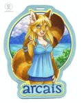  arcais badge blonde_hair clothing female fur hair kacey landscape long_hair miniskirt orange_fur solo water yellow 