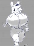  2019 big_breasts breasts clothed clothing doughnut female food fully_clothed hair huge_breasts jiggle lagomorph mammal molly_(angstrom) monochrome necktie police rabbit solo sqoon 