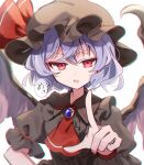  1girl :o absurdres alternate_color ascot bat_wings black_dress black_hat brooch center_frills commentary dress fingernails frilled_hat frilled_sleeves frills gagaku_kawa_rei hat highres jewelry looking_at_viewer mob_cap nail_polish pointing pointing_at_viewer puffy_short_sleeves puffy_sleeves purple_hair red_ascot red_eyes red_nails remilia_scarlet short_hair short_sleeves simple_background solo speech_bubble touhou translation_request upper_body v-shaped_eyebrows white_background wings 