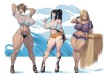  3girls abs arms_behind_head averting_eyes bikini black_bikini black_hair blonde_hair blue_eyes bracelet breasts brown_eyes brown_hair closed_mouth collar commission covered_nipples dragon_horns dragon_tail final_fantasy final_fantasy_xiv food food_in_mouth full_body highres holding holding_food holding_popsicle horns jewelry large_breasts lips long_hair looking_at_viewer multiple_girls muscular muscular_female navel open_mouth platform_sandals ponytail popsicle popsicle_in_mouth purple_shirt sandals sapphira_nyx scales scar scar_on_face scar_on_nose second-party_source see-through_clothes see-through_shirt seventeencrows shirt short_hair smile spiked_bracelet spiked_collar spikes stomach swimsuit tail thick_thighs thighs toes warrior_of_light_(ff14) wet wet_clothes wet_shirt white_shirt 