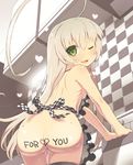  ahoge apron ass back blonde_hair blush body_writing breasts checkered chilledcherry english fang from_behind green_eyes haiyore!_nyaruko-san heart heart-shaped_pupils huge_ahoge long_hair looking_back naked_apron nyarlathotep_(nyaruko-san) one_eye_closed pussy_juice small_breasts solo symbol-shaped_pupils 