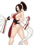  :d ass breasts brown_eyes brown_hair chiwino fan fatal_fury folding_fan hair_ribbon huge_breasts legs long_hair looking_at_viewer looking_back obi one_eye_closed open_mouth pelvic_curtain ponytail revealing_clothes ribbon sash shiranui_mai sideboob smile solo the_king_of_fighters thighs twisted_torso white_background wristband 