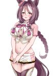  1girl absurdres blush breasts brown_hair brown_tail button_gap cleavage commentary_request commission cowboy_shot crop_top ear_ornament flower-shaped_pupils hair_intakes herohero_(higashi_no_dou) highres horse_girl large_breasts long_hair looking_at_viewer midriff navel open_mouth pink_eyes pixiv_commission sakura_chitose_o_(umamusume) shirt short_sleeves simple_background skirt smile solo symbol-shaped_pupils thighs umamusume v_arms white_background white_shirt white_skirt white_streaks 