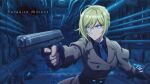  1girl absurdres black_shirt blonde_hair blue_eyes blue_necktie brown_coat coat copyright_name earrings english_text facial_mark finger_on_trigger fingerless_gloves gloves gun handgun highres holding holding_gun holding_weapon jewelry necktie nova_(parasite_mutant) official_art parasite_mutant shirt solo third-party_source weapon 