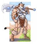  abs armor barbarian biceps big_breasts boots breasts chainmail feline female gauntlet mammal muscles muscular_female smile solo sword unconvincing_armor warrior weapon wolfgangcake 